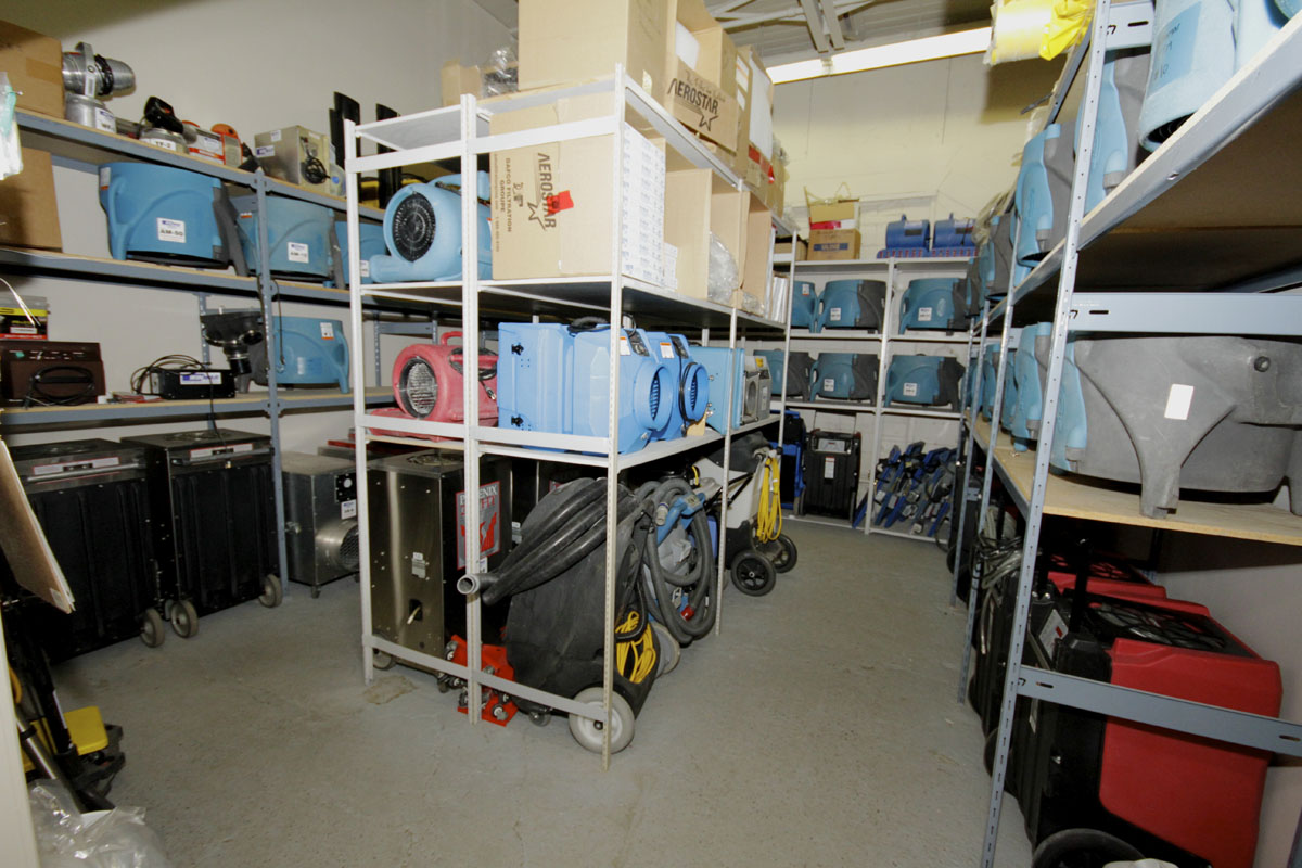 Storage for equipment on hand such as air movers, dehumidifiers, air scrubbers, heaters, etc.